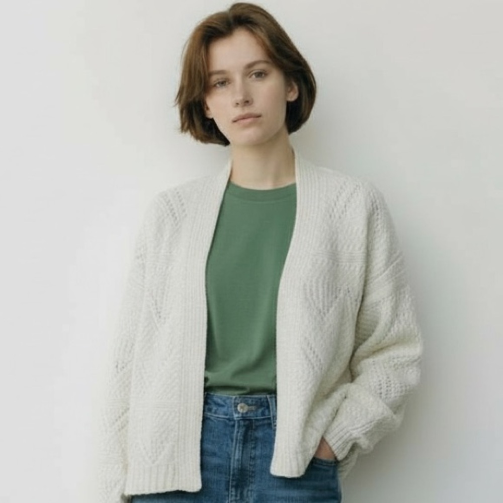 OLIVE & OAK OPEN FRONT CARDIGAN Size M Cream Pointelle Loose Knit Creamy White